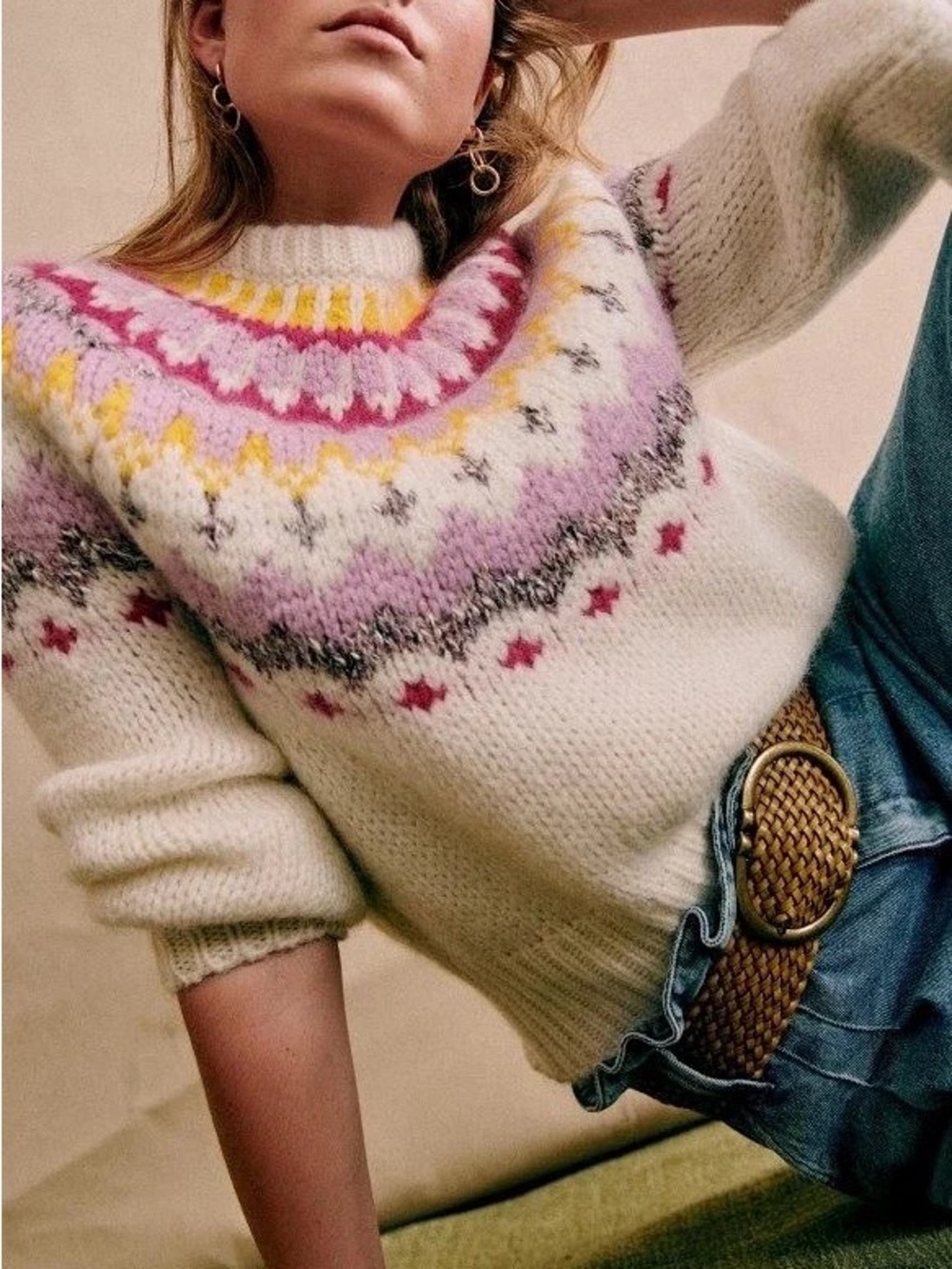 Sezane Constantine Mohair Fair Isle Crewneck Knit Sweater in Ecru Multicolor S